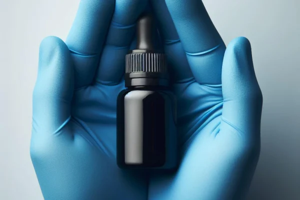 Medical gloved hands holding a essential oil bottle